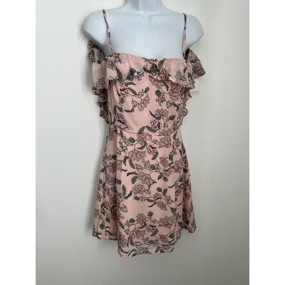For Love & Lemons Women's Mini Dress Pink Floral Ruffle Strap Sleeve Siz…